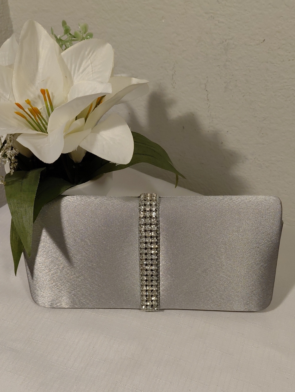 Lulu Townsend Elegant Silver Satin Evening Clutch